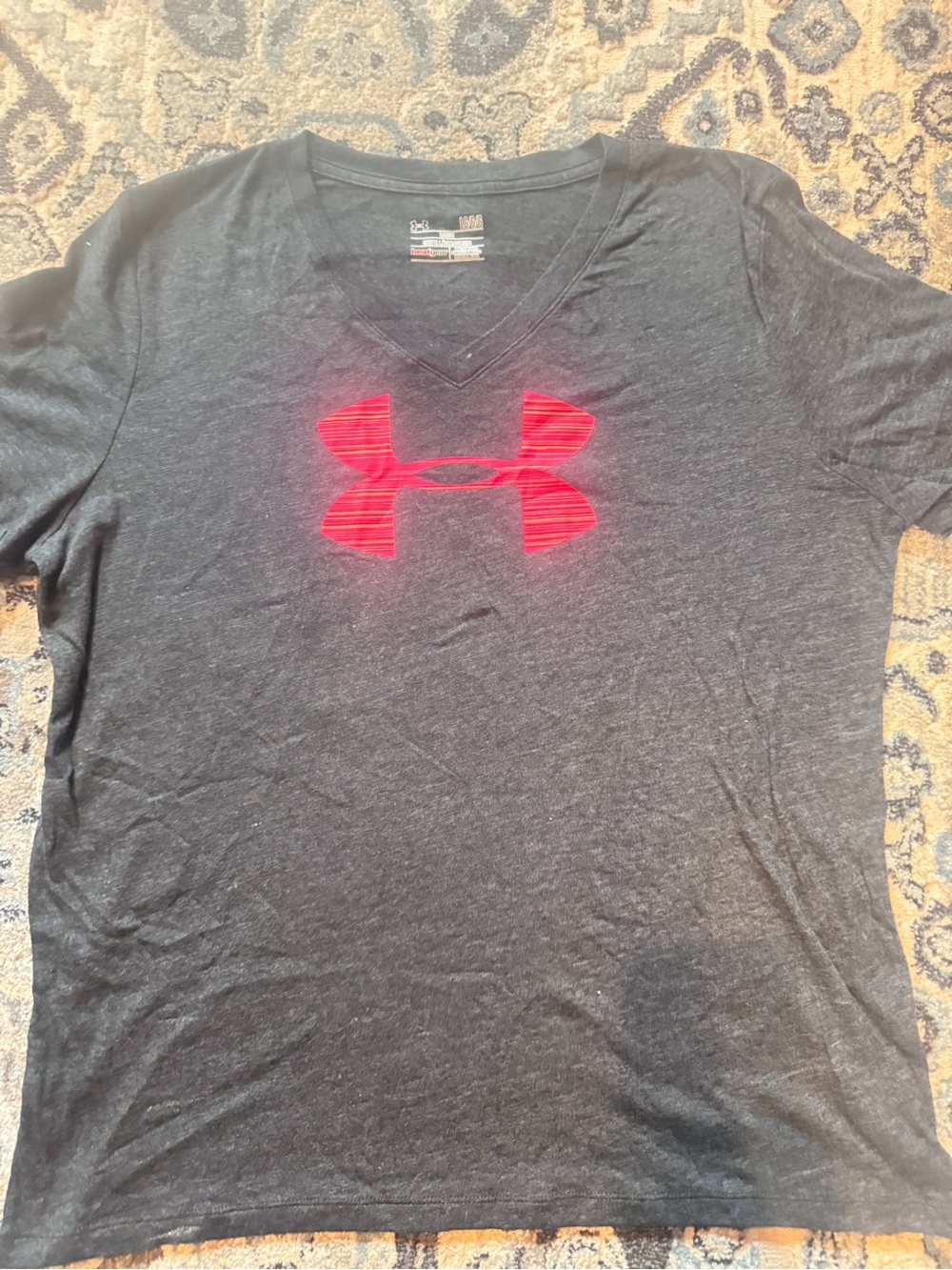 LG Women’s dark heather Grey V-Neck Short Sleeve Tee with coral logo